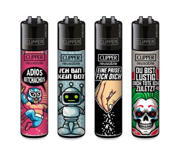 Clipper CLASSIC Large – Mix Slogan #11 4er Set mit „Adios Bitchachos“, „Ich bin kein Bot“, „Eine Prise Fick dich“ und „Du bist lustig – dich töte ich zuletzt“; nachfüllbar, Softflame, Stopfhilfe.
